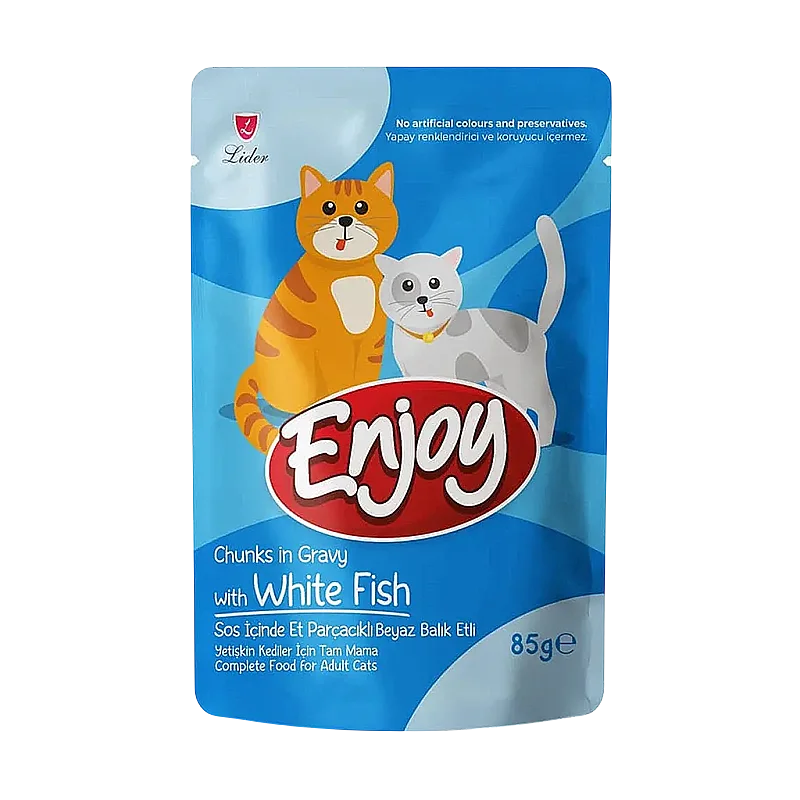 Enjoy Sos İçinde Et Parçacıklı Balık Etli Yetişkin Kedi Yaş Maması 85 Gr Beyaz - 1