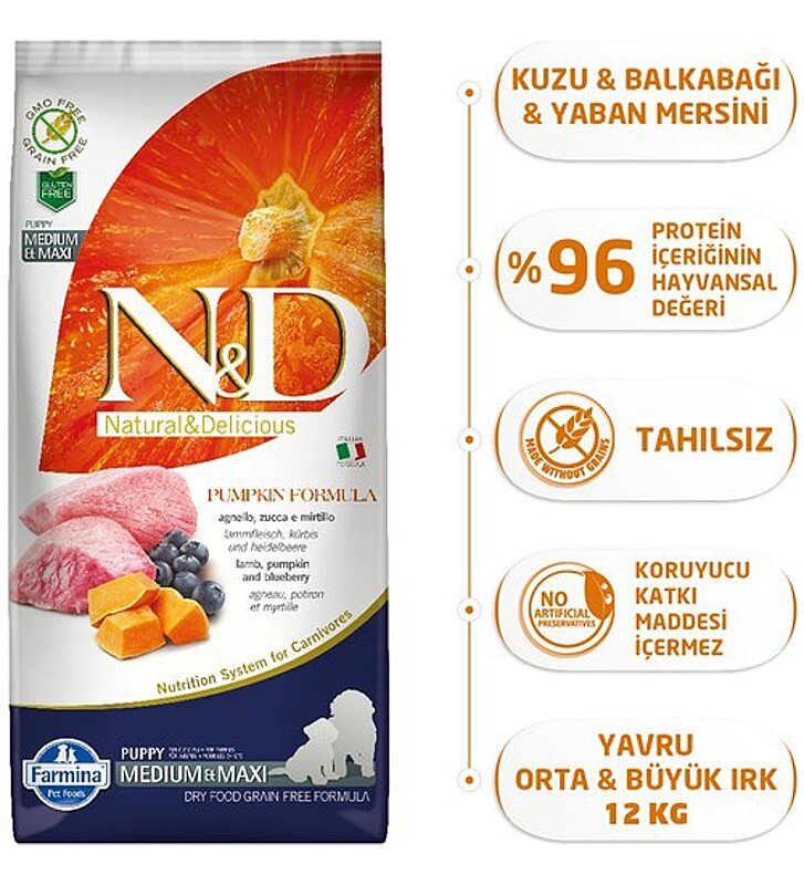 N&D Pumpkin Kuzu Etli Balkabaklı ve Yaban Mersinli 2.5 Kg Küçük Irk Yavru Köpek Maması - 1